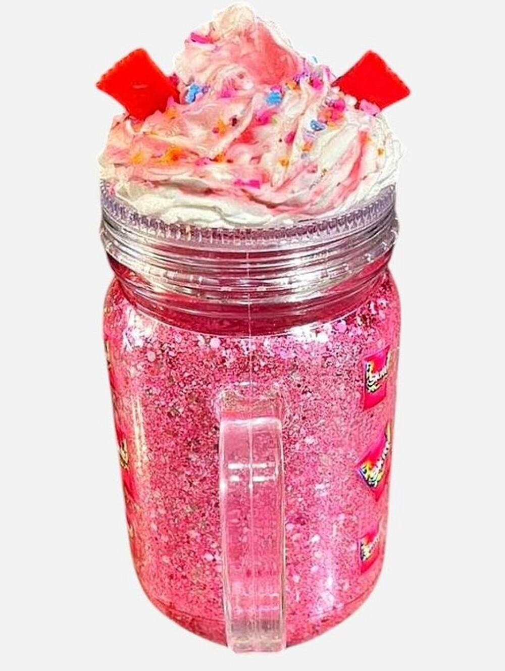 Handcrafted Skittles Milkshake 20oz Glitter Mason Jar Mug Tumbler Candy Pink - Picture 3 of 5